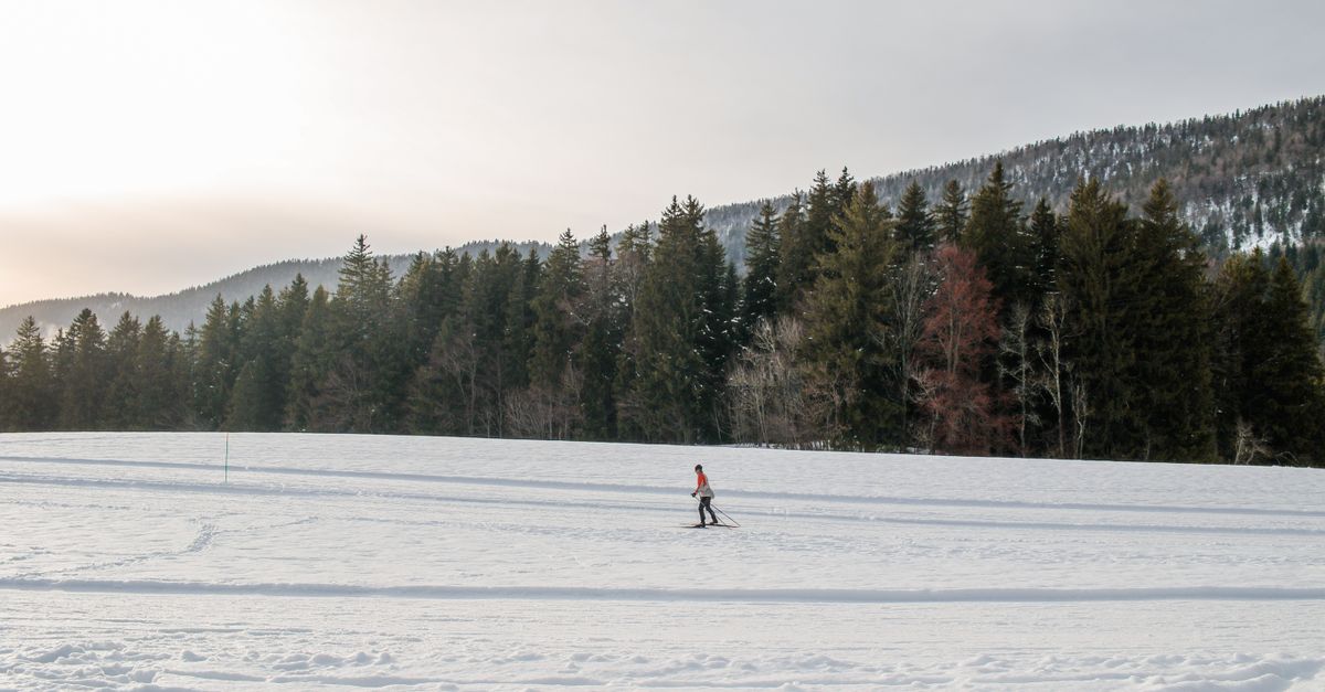 pistas de ski en julio, dónde ir: A lone skier gliding across snowy terrain in Autrans-Méaudre-en-Vercors, France.