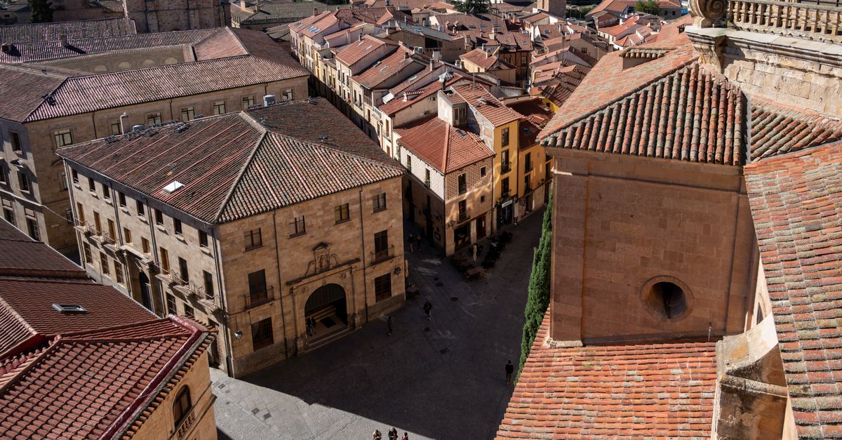 Ciudades más calurosas: hábitos y soluciones domésticas para reducir el calor urbano bienestar practico educational neutral health: Captivating aerial view of Salamanca's historic center showcasing traditional architecture.